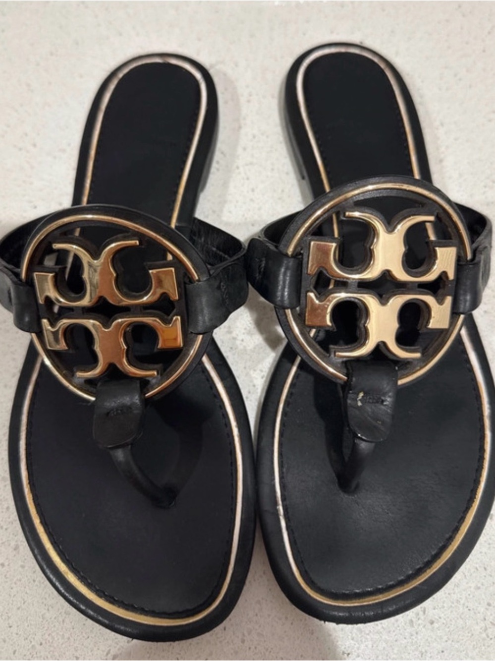 Tory Burch Black Metal Miller Gold Logo Thong Sandals